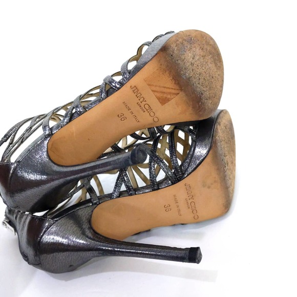 Jimmy Choo Glitter Leather Gladiator Heels In Anthracite Metallic Silver Gray - Picture 12 of 12